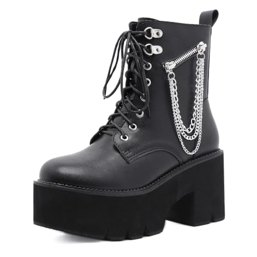 Damen Schwarz Gothic Plateau Stiefeletten mit Reißverschluss Bequem Dicker Absatz Punk Motorrad Kampfstiefel mit Kette,Schwarz,39 EU von JMdfcqer