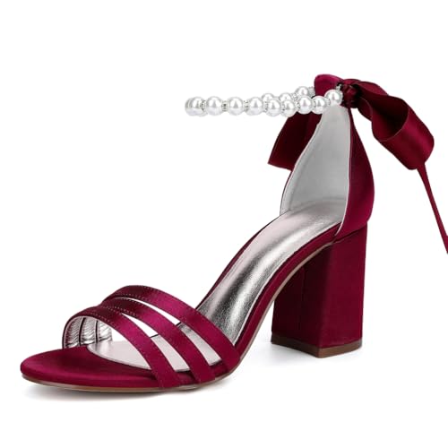 Hochzeitsschuhe Damen Perle Knöchelriemen Offener Zehen Sandalen mit Blockabsatz und Band Krawatte,Burgundy,43 EU von JMdfcqer