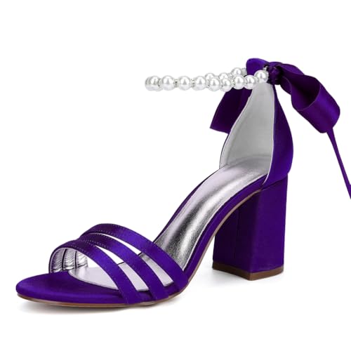 Hochzeitsschuhe Damen Perle Knöchelriemen Offener Zehen Sandalen mit Blockabsatz und Band Krawatte,Dull Purple,37 EU Hochzeitsschuhe Damen Perle Knöchelriemen Offener Zehen Sandalen mit Blockabsatz und Band Krawatte,Dull Purple,37 EU von JMdfcqer