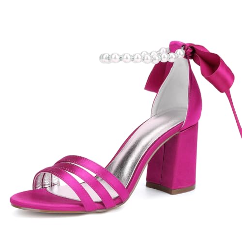 Hochzeitsschuhe Damen Perle Knöchelriemen Offener Zehen Sandalen mit Blockabsatz und Band Krawatte,Fuchsia,43 EU von JMdfcqer