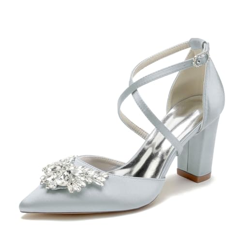 JMdfcqer Brautschuhe Damen Kreuz Riemchen Blockabsatz Pumpen Partei Abendschuhe mit Strass,Silber,37 EU von JMdfcqer