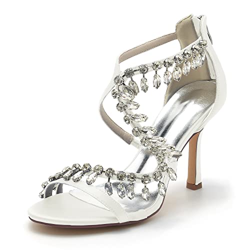 JMdfcqer Brautschuhe Damen Kristall Riemchen Offener Zeh Stöckel Absatz Hochzeit Kleid Abendschuhe mit Reißverschluss,Elfenbein,39 EU von JMdfcqer