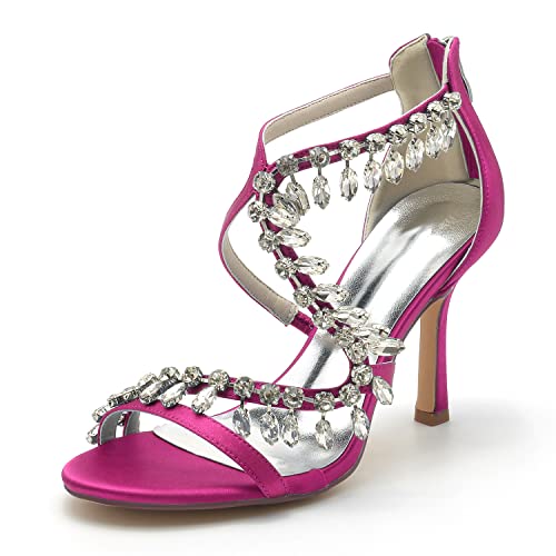 JMdfcqer Brautschuhe Damen Kristall Riemchen Offener Zeh Stöckel Absatz Hochzeit Kleid Abendschuhe mit Reißverschluss,Fuchsia,36 EU von JMdfcqer
