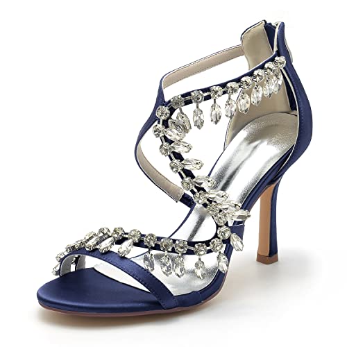 JMdfcqer Brautschuhe Damen Kristall Riemchen Offener Zeh Stöckel Absatz Hochzeit Kleid Abendschuhe mit Reißverschluss,Marine,39 EU von JMdfcqer
