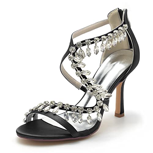 JMdfcqer Brautschuhe Damen Kristall Riemchen Offener Zeh Stöckel Absatz Hochzeit Kleid Abendschuhe mit Reißverschluss,Schwarz,42 EU von JMdfcqer