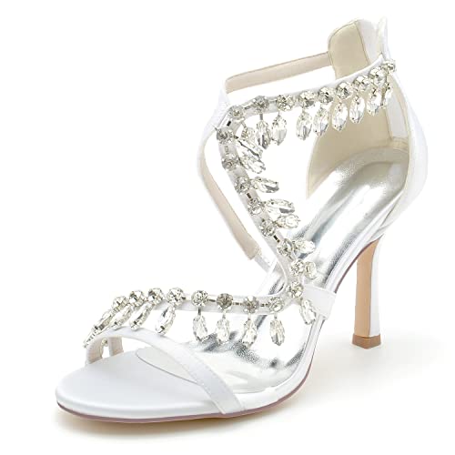 JMdfcqer Brautschuhe Damen Kristall Riemchen Offener Zeh Stöckel Absatz Hochzeit Kleid Abendschuhe mit Reißverschluss,Weiß,43 EU von JMdfcqer