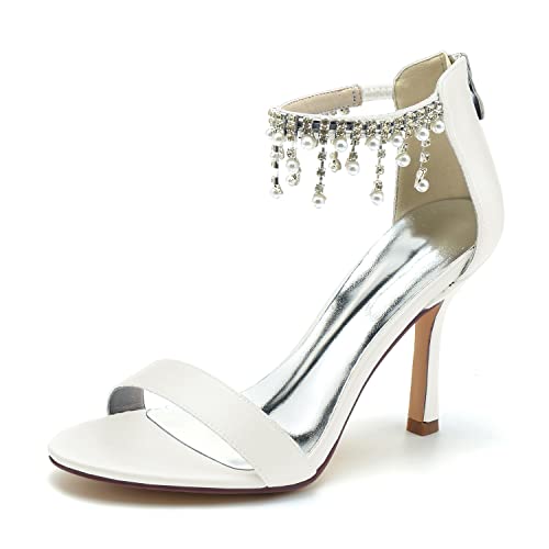 JMdfcqer Brautschuhe Damen Offener Zeh Perle Knöchelriemen Stöckel Absatz Hochzeit Kleid Abendschuhe Mit Reißverschluss,Elfenbein,40 EU von JMdfcqer