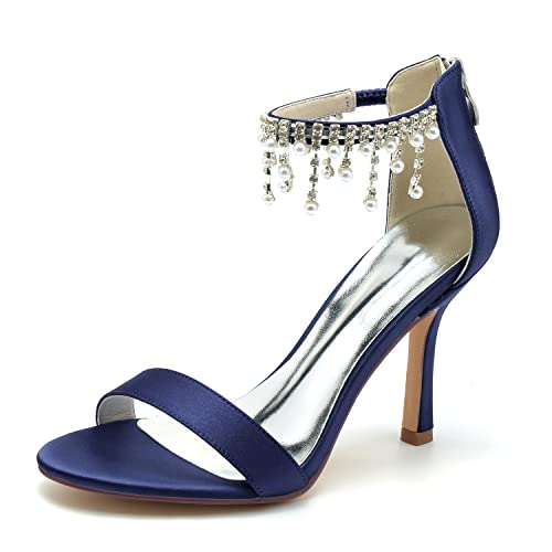 JMdfcqer Brautschuhe Damen Offener Zeh Perle Knöchelriemen Stöckel Absatz Hochzeit Kleid Abendschuhe Mit Reißverschluss,Marine,41 EU von JMdfcqer
