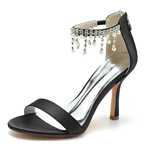 JMdfcqer Brautschuhe Damen Offener Zeh Perle Knöchelriemen Stöckel Absatz Hochzeit Kleid Abendschuhe Mit Reißverschluss,Schwarz,38 EU von JMdfcqer