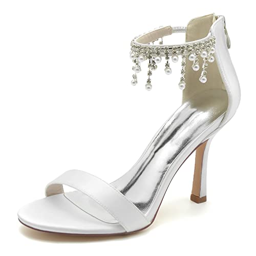 JMdfcqer Brautschuhe Damen Offener Zeh Perle Knöchelriemen Stöckel Absatz Hochzeit Kleid Abendschuhe Mit Reißverschluss,Weiß,41 EU von JMdfcqer