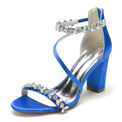 JMdfcqer Brautschuhe Damen Offener Zeh Strass Knöchelriemen Blockabsatz Hochzeit Kleid Abendschuhe Mit Reißverschluss,Blau,36 EU von JMdfcqer