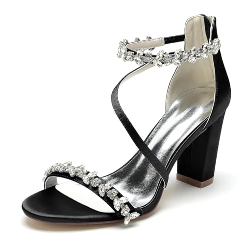 JMdfcqer Brautschuhe Damen Offener Zeh Strass Knöchelriemen Blockabsatz Hochzeit Kleid Abendschuhe Mit Reißverschluss,Schwarz,41 EU von JMdfcqer