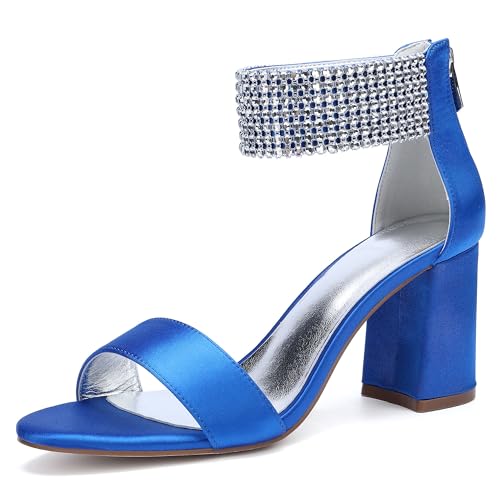 JMdfcqer Brautschuhe Damen Sandaletten Offener Zehen Strass Knöchelriemen Sommerschuhe mit Blockabsatz und Reißverschluss,Blau,43 EU von JMdfcqer