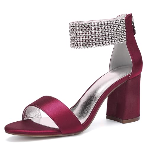 JMdfcqer Brautschuhe Damen Sandaletten Offener Zehen Strass Knöchelriemen Sommerschuhe mit Blockabsatz und Reißverschluss,Burgundy,39 EU von JMdfcqer