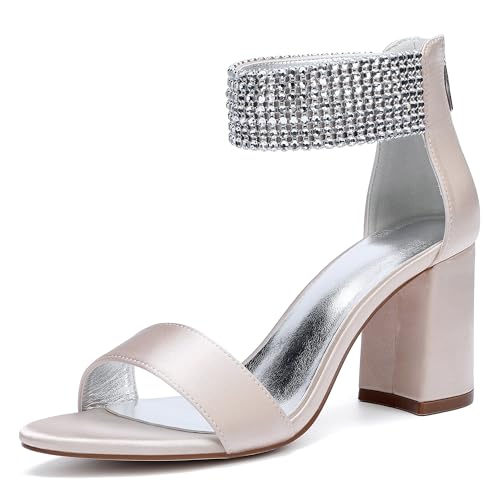 JMdfcqer Brautschuhe Damen Sandaletten Offener Zehen Strass Knöchelriemen Sommerschuhe mit Blockabsatz und Reißverschluss,Champagne,38 EU von JMdfcqer