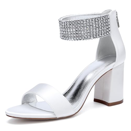 JMdfcqer Brautschuhe Damen Sandaletten Offener Zehen Strass Knöchelriemen Sommerschuhe mit Blockabsatz und Reißverschluss,Elfenbein,42 EU von JMdfcqer