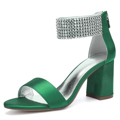 JMdfcqer Brautschuhe Damen Sandaletten Offener Zehen Strass Knöchelriemen Sommerschuhe mit Blockabsatz und Reißverschluss,Grün,40 EU von JMdfcqer