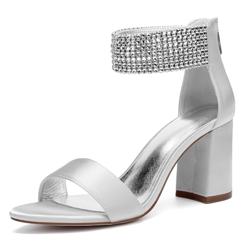 JMdfcqer Brautschuhe Damen Sandaletten Offener Zehen Strass Knöchelriemen Sommerschuhe mit Blockabsatz und Reißverschluss,Silber,36 EU von JMdfcqer