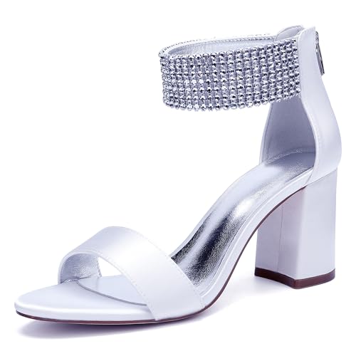 JMdfcqer Brautschuhe Damen Sandaletten Offener Zehen Strass Knöchelriemen Sommerschuhe mit Blockabsatz und Reißverschluss,Weiß,42 EU von JMdfcqer