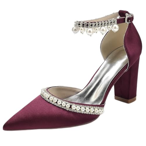 JMdfcqer Brautschuhe Damen Spitze Zehen Perle Knöchelriemen Blockabsatz Pumpen Partei Abendschuhe,Burgundy,38 EU von JMdfcqer