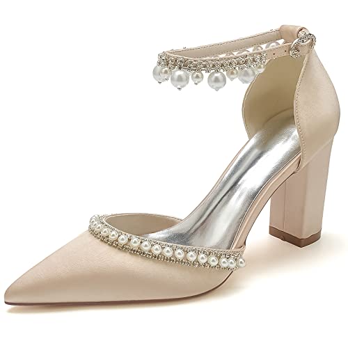 JMdfcqer Brautschuhe Damen Spitze Zehen Perle Knöchelriemen Blockabsatz Pumpen Partei Abendschuhe,Champagne,41 EU von JMdfcqer