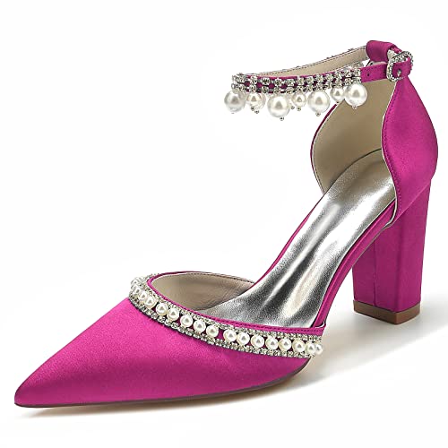 JMdfcqer Brautschuhe Damen Spitze Zehen Perle Knöchelriemen Blockabsatz Pumpen Partei Abendschuhe,Fuchsia,37 EU von JMdfcqer