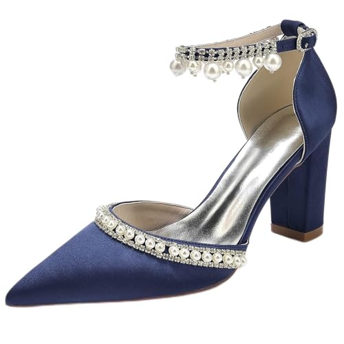 JMdfcqer Brautschuhe Damen Spitze Zehen Perle Knöchelriemen Blockabsatz Pumpen Partei Abendschuhe,Marine,38 EU von JMdfcqer