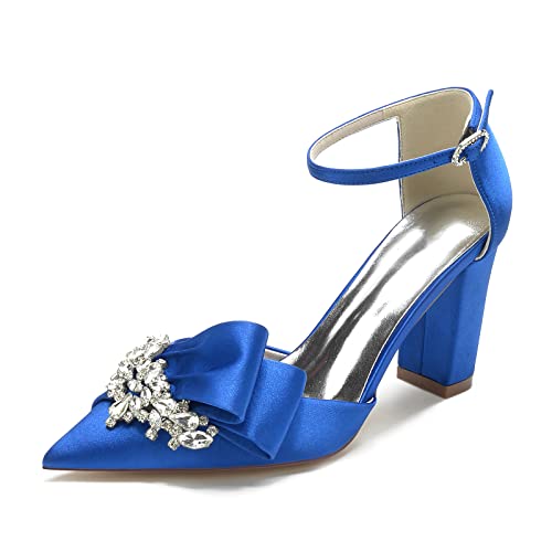 JMdfcqer Brautschuhe Damen Strass Satin Knöchelriemen Blockabsatz Pumpen Hochzeit Brautjungfernschuhe,Blau,40 EU von JMdfcqer