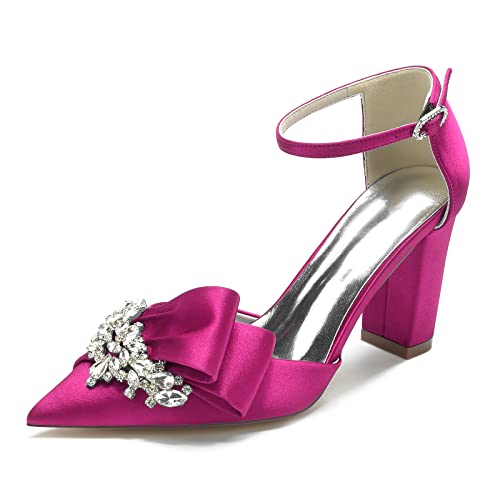 JMdfcqer Brautschuhe Damen Strass Satin Knöchelriemen Blockabsatz Pumpen Hochzeit Brautjungfernschuhe,Fuchsia,37 EU von JMdfcqer