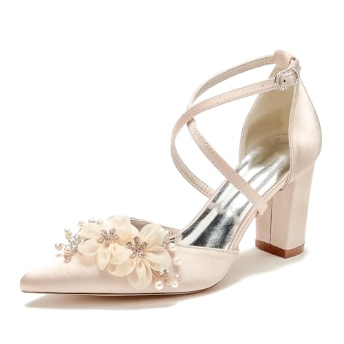 JMdfcqer Brautschuhe Geschlossene Zehen Kreuz Riemchen Blockabsatz Pumpen für Damen Hochzeit Brautjungfernschuhe,Champagne,38 EU von JMdfcqer