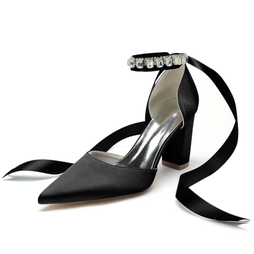 JMdfcqer Damen Brautschuhe Geschlossene Zehen 8.5cm Blockabsatz Satin Pumpen Band Krawatte Hochzeitsschuhe,Schwarz,42 EU von JMdfcqer