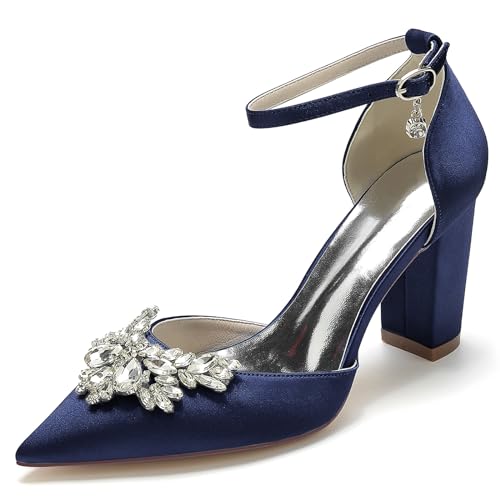 JMdfcqer Damen Brautschuhe Knöchelriemen Blockabsatz Spitzschuh Pumpen Partei Abendschuhe Mit Kristall,Marine,37 EU von JMdfcqer
