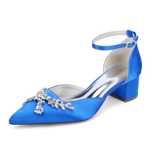 JMdfcqer Damen Brautschuhe Knöchelriemen Blockabsatz Spitzschuh Pumpen Partei Abendschuhe mit Strass,Blau,38 EU von JMdfcqer