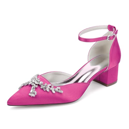 JMdfcqer Damen Brautschuhe Knöchelriemen Blockabsatz Spitzschuh Pumpen Partei Abendschuhe mit Strass,Fuchsia,43 EU von JMdfcqer
