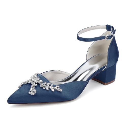 JMdfcqer Damen Brautschuhe Knöchelriemen Blockabsatz Spitzschuh Pumpen Partei Abendschuhe mit Strass,Marine,41 EU von JMdfcqer
