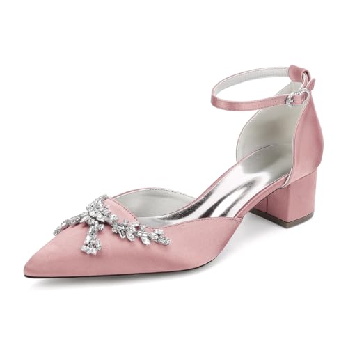 JMdfcqer Damen Brautschuhe Knöchelriemen Blockabsatz Spitzschuh Pumpen Partei Abendschuhe mit Strass,Rosa,42 EU von JMdfcqer