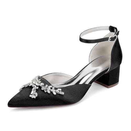 JMdfcqer Damen Brautschuhe Knöchelriemen Blockabsatz Spitzschuh Pumpen Partei Abendschuhe mit Strass,Schwarz,39 EU von JMdfcqer
