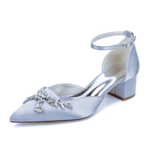 JMdfcqer Damen Brautschuhe Knöchelriemen Blockabsatz Spitzschuh Pumpen Partei Abendschuhe mit Strass,Silber,43 EU von JMdfcqer
