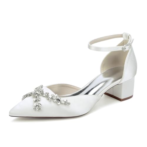 JMdfcqer Damen Brautschuhe Knöchelriemen Blockabsatz Spitzschuh Pumpen Partei Abendschuhe mit Strass,Weiß,39 EU von JMdfcqer