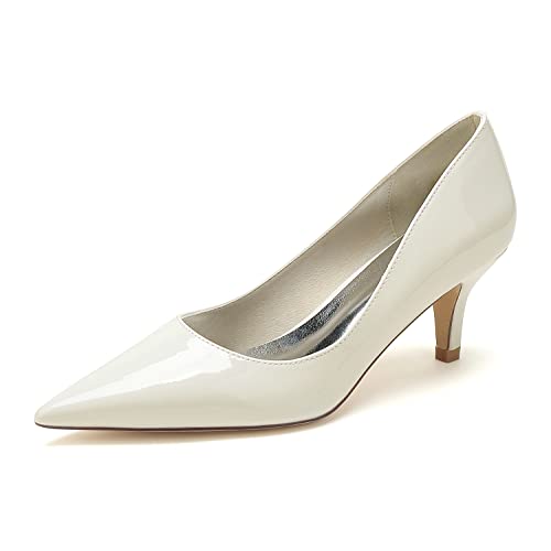 JMdfcqer Damen Brautschuhe Spitze Zehen Kätzchenabsatz Lackleder Absatzschuhe Slip auf Partei Abendschuhe,Beige,38 EU von JMdfcqer