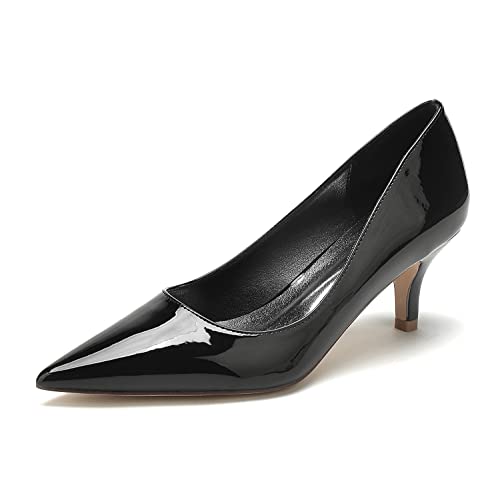 JMdfcqer Damen Brautschuhe Spitze Zehen Kätzchenabsatz Lackleder Absatzschuhe Slip auf Partei Abendschuhe,Schwarz,40 EU von JMdfcqer