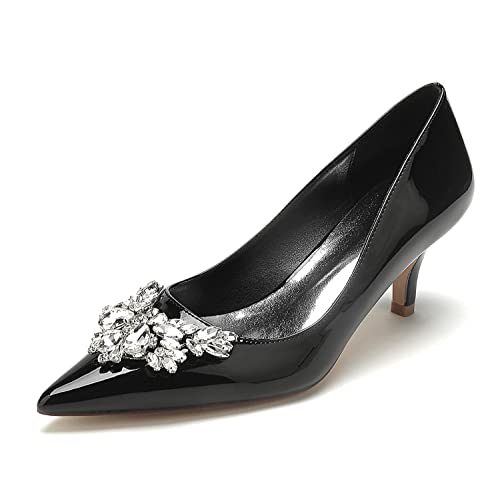 JMdfcqer Damen Brautschuhe Spitze Zehen Kätzchenabsatz Lackleder Absatzschuhe mit Strass,Schwarz,41 EU von JMdfcqer