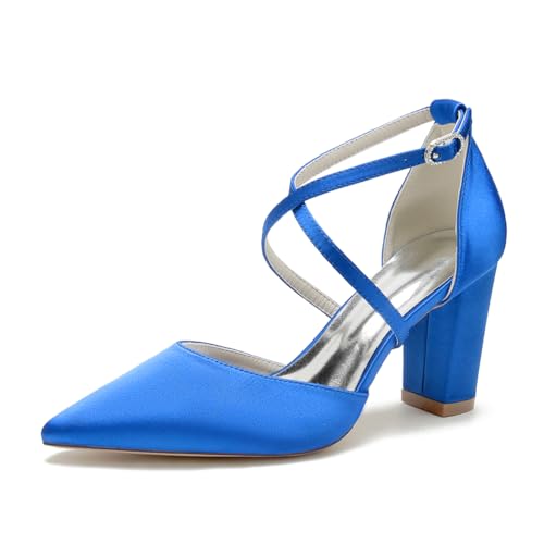 JMdfcqer Damen Brautschuhe mit Blockabsatz Riemchenpumps Geschlossene Zehen Partei Abendschuhe,Blau,43 EU von JMdfcqer