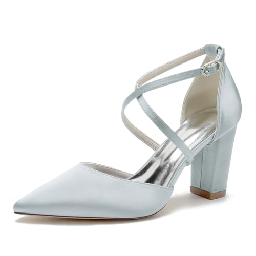 JMdfcqer Damen Brautschuhe mit Blockabsatz Riemchenpumps Geschlossene Zehen Partei Abendschuhe,Silber,43 EU von JMdfcqer