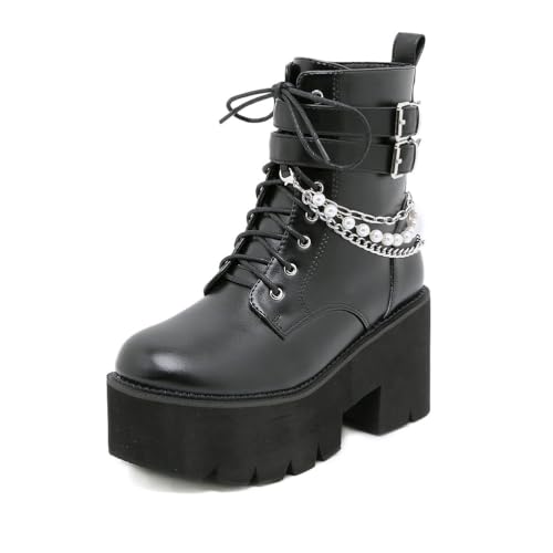 JMdfcqer Damen Gothic Plateau Stiefeletten mit Perle Kette Travelling Springerstiefel Reißverschluss Motorradstiefel mit Schnalle,Schwarz,39 EU JMdfcqer Damen Gothic Plateau Stiefeletten mit Perle Kette Travelling Springerstiefel Reißverschluss Motorradstiefel mit Schnalle,Schwarz,39 EU von JMdfcqer
