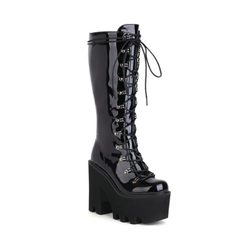 JMdfcqer Damen Gothic Platform Stiefel Runder Zeh Blockabsatz Schnürung Kniehohe Stiefel,Black2,43 EU von JMdfcqer