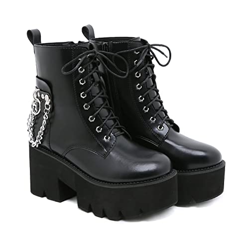 JMdfcqer Damen Gothic Punk Combat Stiefeletten Plateau Blockabsatz Schnürboots Biker Stiefel Mit Kette,Schwarz,35 EU von JMdfcqer