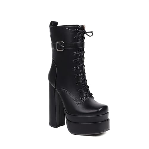 JMdfcqer Damen Klassischer Gothic Stiefel Höhen Blockabsatz Schnürstiefeletten Mit Reißverschluss,Schwarz,38 EU von JMdfcqer