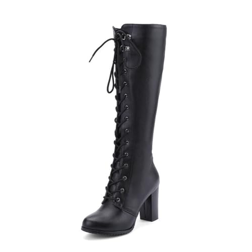 JMdfcqer Damen Kniehoch Reitstiefel Gothic Punk Stämmiger Absatz Schnürung Kampfstiefel Reitstiefel,Schwarz,42 EU von JMdfcqer