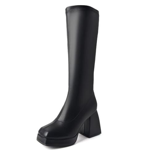JMdfcqer Damen Kniehohe Stiefe mit Blockabsatz Mode Quadratische Zehe Plateau Langschaft Stiefel,Schwarz,38 EU von JMdfcqer